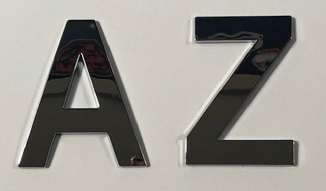 Two Style 8 XLG chrome block letters, a capital A and a capital Z, with a mirror-bright finish