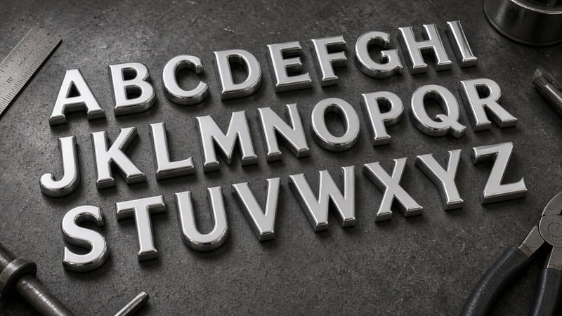 Kit of stock chrome letters A to Z laid out on a table